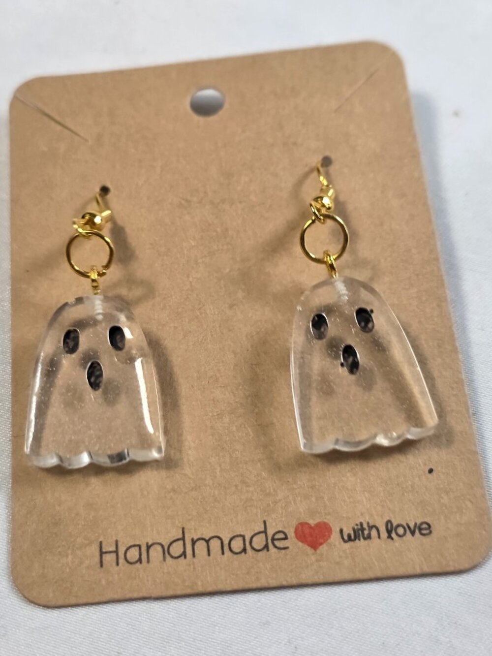 Handmade Halloween Ghost Dangle Earrings Clear Acrylic Resin Spooky Cute Gift